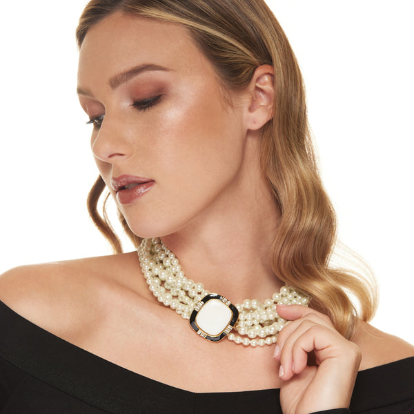 kenneth jay lane Vintage Eight Row White Pearl with Gold Square Clasp Necklace