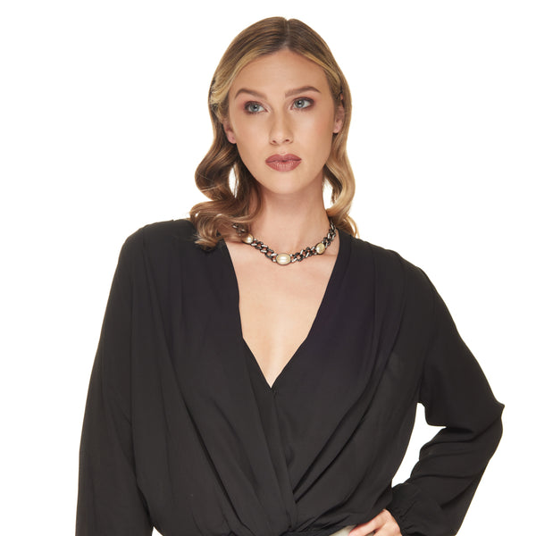 Kenneth Jay Lane Vintage Gunmetal With Crystal Hematite And Pearls Chain Necklace