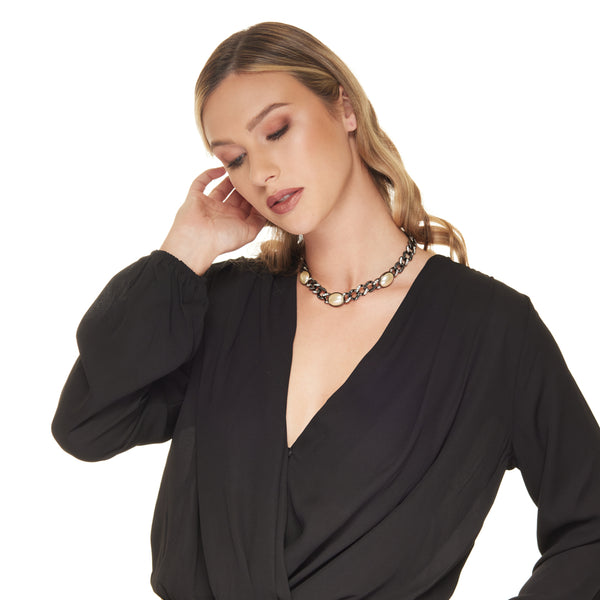 Kenneth Jay Lane Vintage Gunmetal With Crystal Hematite And Pearls Chain Necklace