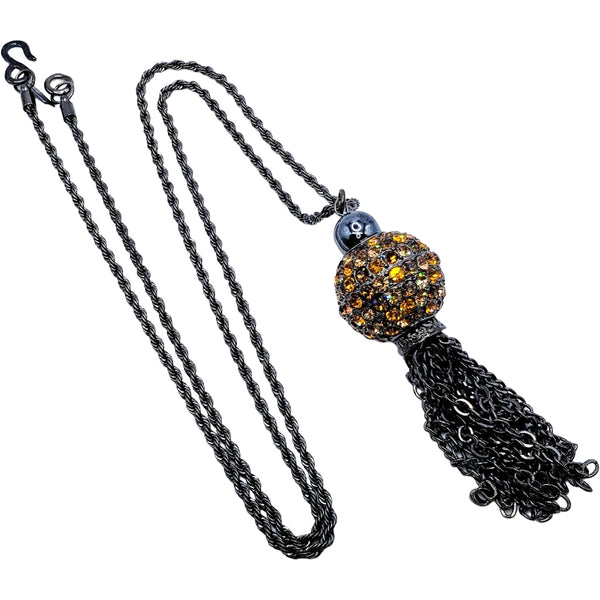 Kenneth Jay Lane Vintage Gunmetal With Hematite Disco Ball Tassel Necklace