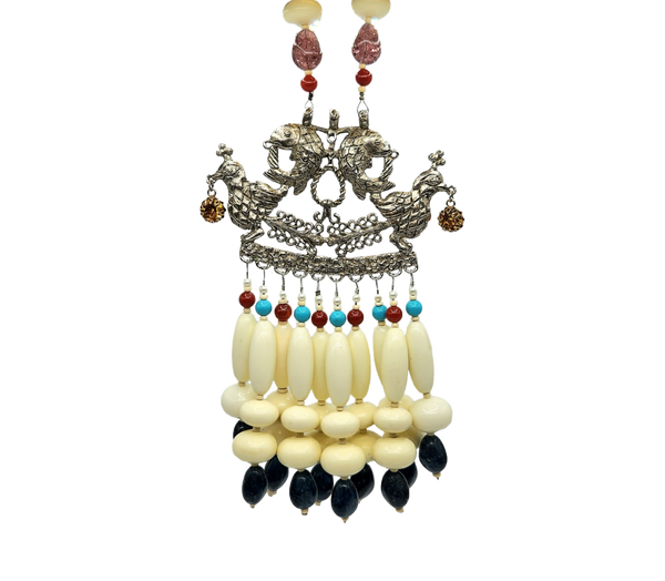 Kenneth Jay Lane Vintage Ivory Bead Fish & Bird Pendant Drop Necklace