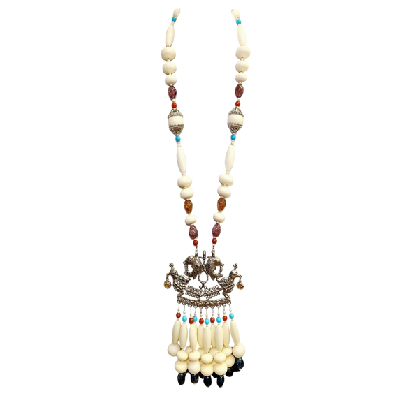 kenneth jay lane Vintage Ivory Bead Fish & Bird Pendant Drop Necklace