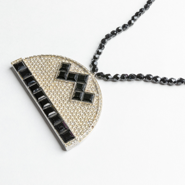 kenneth Jay Lane Vintage Jet Bead Necklace With Crystal & Black Half Circle Pendant