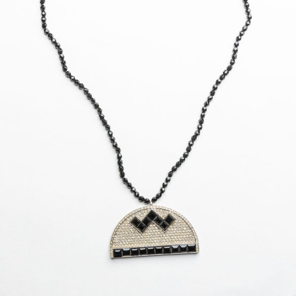 kenneth jay lane Vintage Jet Bead Necklace With Crystal & Black Half Circle Pendant