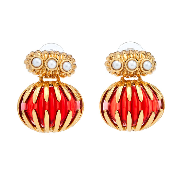 kenneth jay lane Vintage Pearl & Ruby Pierced Earrings