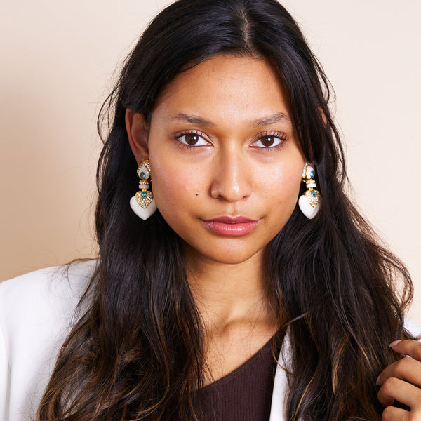 Kenneth Jay Lane White & Aqua Heart Drop Clip Earrings