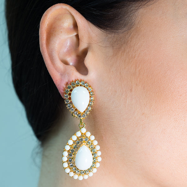 Kenneth Jay Lane White & Crystal Teardrop Clip Earrings