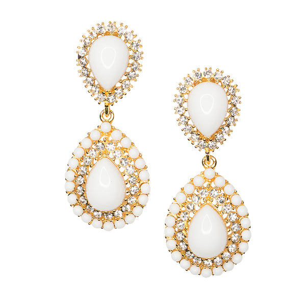 kenneth jay lane White & Crystal Teardrop Clip Earrings