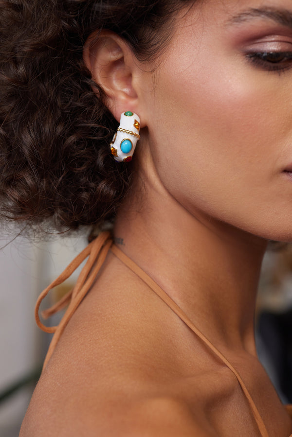 Kenneth Jay Lane White & Multicolored Gemstones Pierced Hoop Earrings