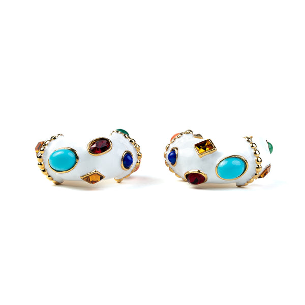 kenneth jay lane White & Multicolored Gemstones Pierced Hoop Earrings