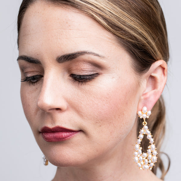 Kenneth Jay Lane White Pearl Cabochon Teardrop Pierced Earrings