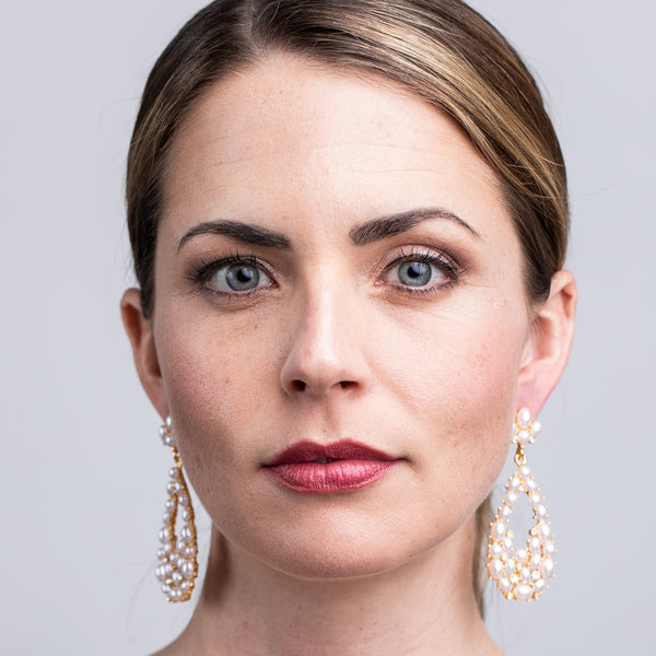 Kenneth Jay Lane White Pearl Cabochon Teardrop Pierced Earrings