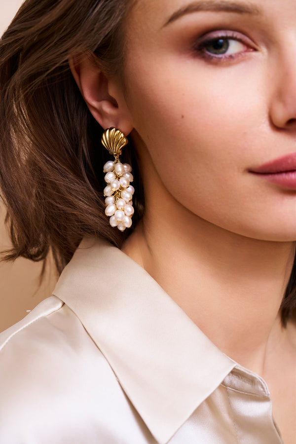 Kenneth Jay Lane White Pearl Cluster Shell Earrings