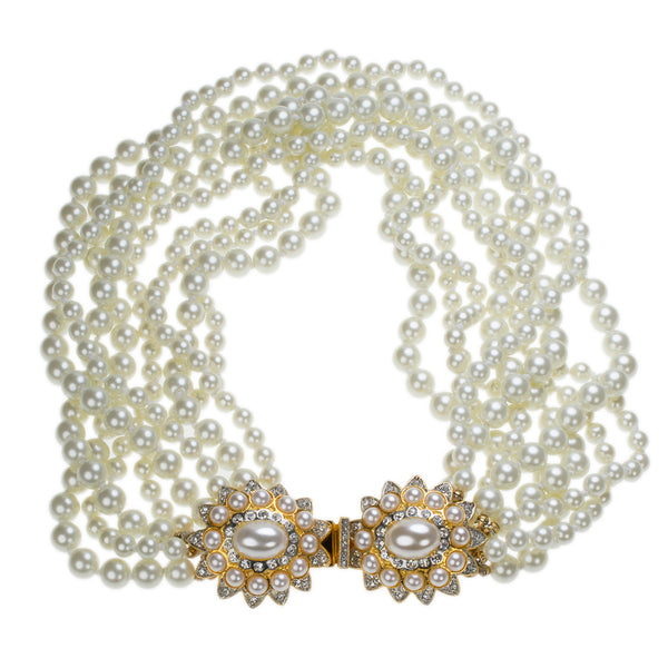 kenneth jay lane White Pearl Necklace with Flower Clasp