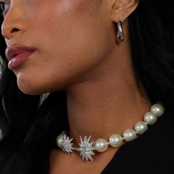Kenneth Jay Lane White Pearl & Rhodium Starburst Necklace