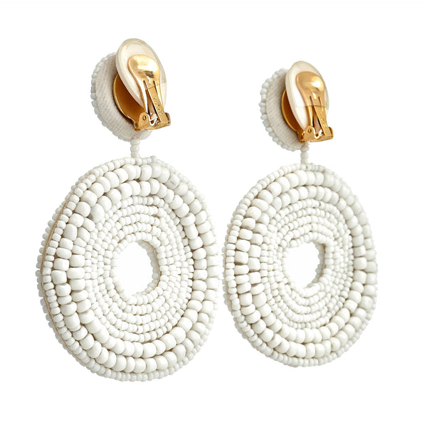 Kenneth Jay Lane White Seed Bead Round Clip-On Earrings