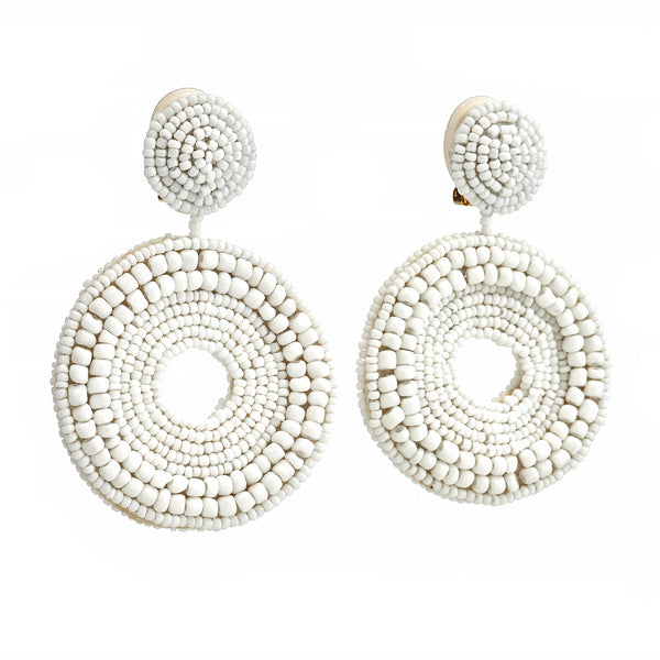 kenneth jay lane White Seed Bead Round Clip-On Earrings