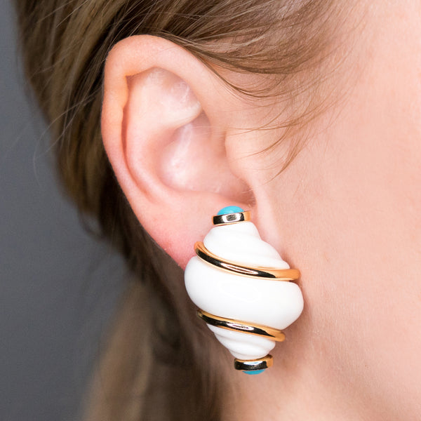 Kenneth Jay Lane White Shell & Turquoise Tips Clip-On Earrings