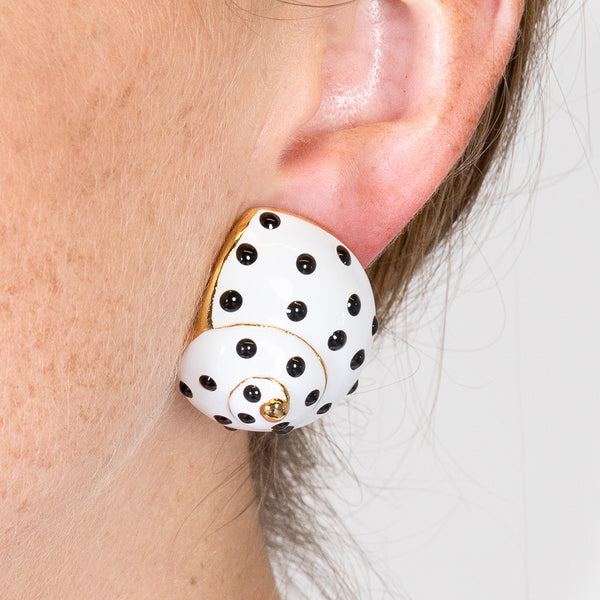Kenneth Jay Lane White With Black Dots Shell Clip Earrings