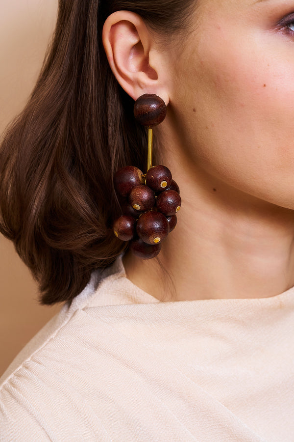 Kenneth Jay Lane Wooden Ball Cluster Pierced Earrings