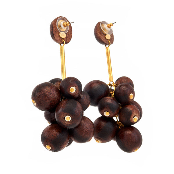 Kenneth Jay Lane Wooden Ball Cluster Pierced Earrings