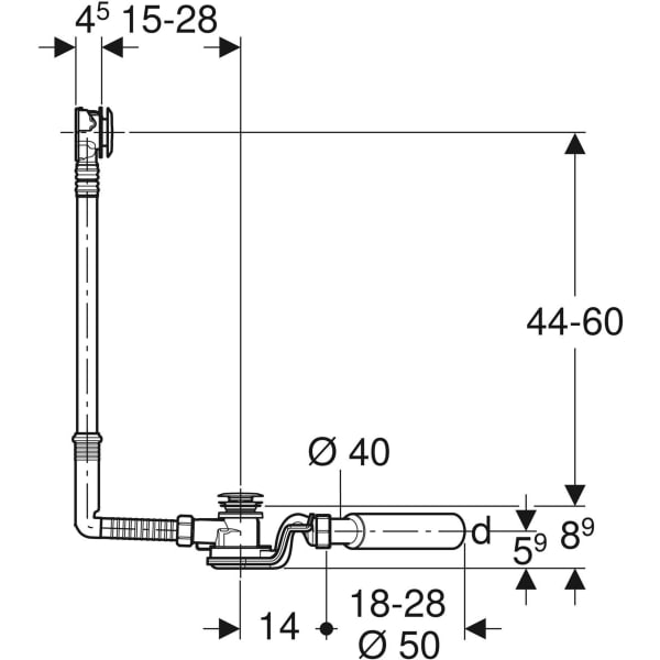 Keramag Geberit Bathtub Drain With Push Actuation PushControl D52 Height 60 Cm With Ready-to-fit-set And Connection Bend