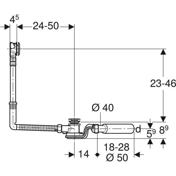 Keramag Geberit Bathtub Drain With Push Actuation PushControl D52 Length 50 Cm With Ready-to-fit-set And Connection Bend
