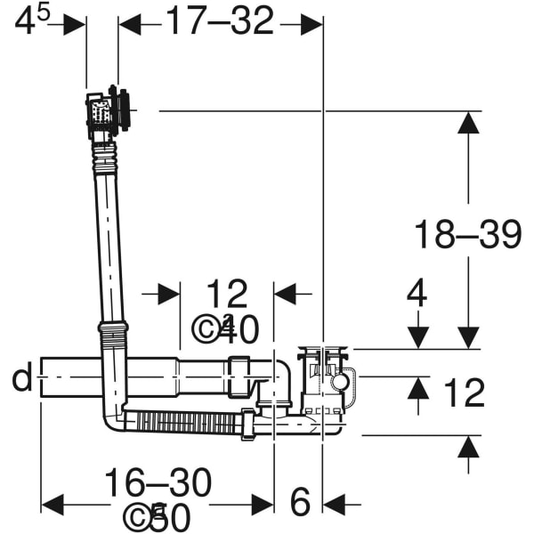 Keramag Geberit Bathtub Drain With Turn Handle And Inlet D52 Length 32 Cm With Connection Bend Counterflow Principle