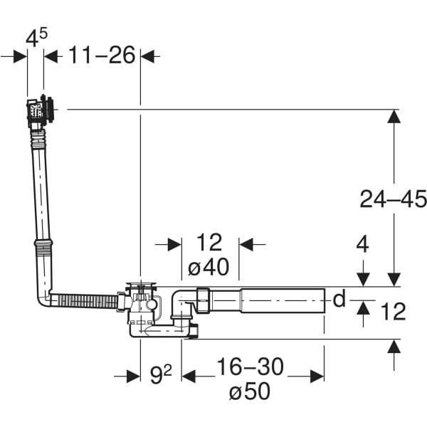 Keramag Geberit Bathtub Drain With Turn Handle And Inlet D52 Length 26 Cm