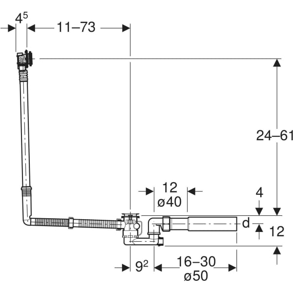 Keramag Geberit Bathtub Drain With Turn Handle And Inlet D52 Length 73 Cm