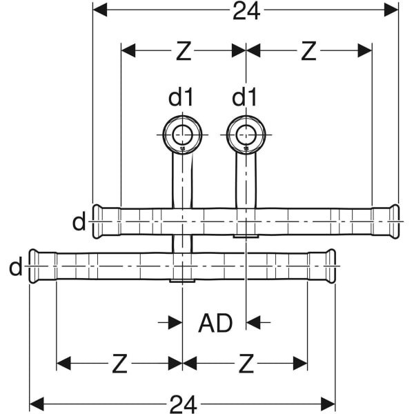 Keramag Geberit Mapress Carbon Steel Set Of Connector T-pieces For Inlet And Return Flow With Union Connector For Euro Cone