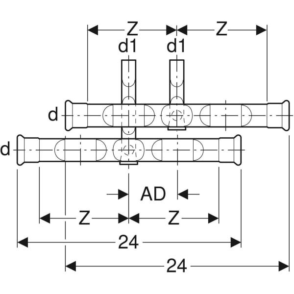 Keramag Geberit Mapress Carbon Steel Set Of Connector T-pieces For Inlet And Return Flow