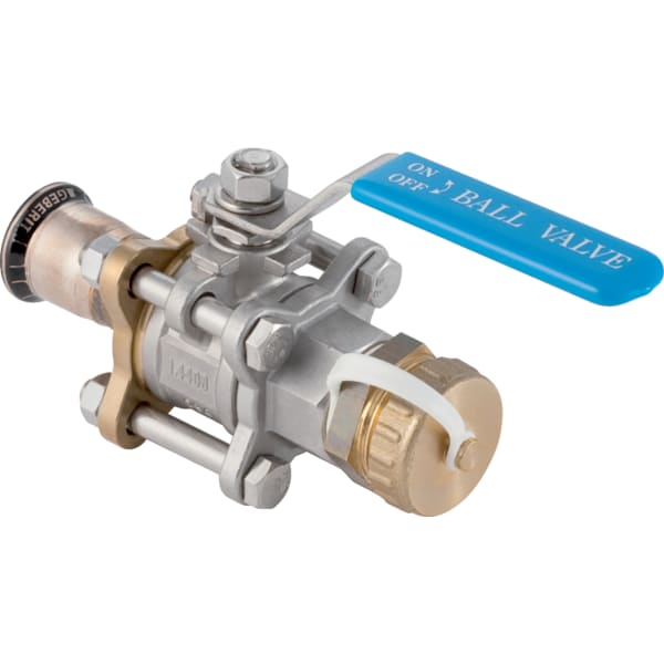 keramag Geberit Mapress CuNiFe ball valve with actuator lever and hose connector flanged