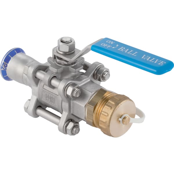 keramag Geberit Mapress Stainless Steel ball valve with actuator lever and hose connector flanged