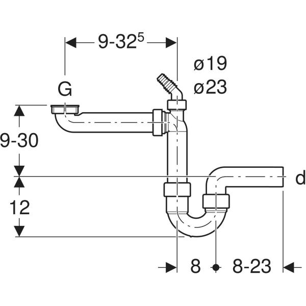 Keramag Geberit P-trap For Kitchen Sink Space-saving Model With Angled Hose Connector Horizontal Outlet