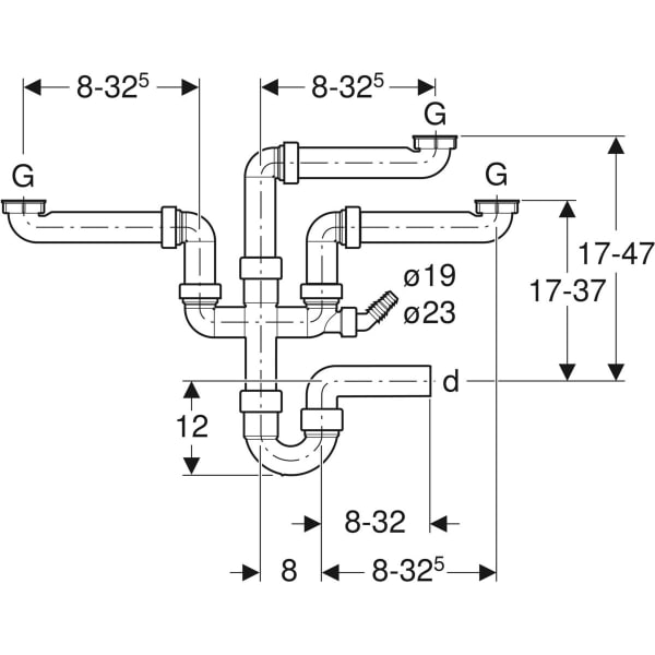 Keramag Geberit P-trap For Three Kitchen Sinks With Angled Hose Connector Horizontal Outlet