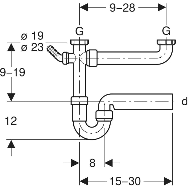 Keramag Geberit P-trap For Two Kitchen Sinks With Angled Hose Connector Horizontal Outlet