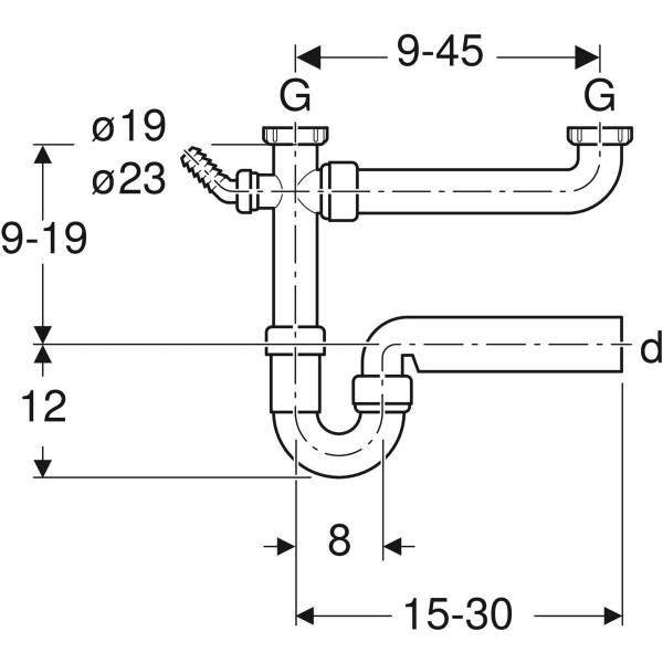 Keramag Geberit P-trap For Two Kitchen Sinks With Angled Hose Connector Extralong Horizontal Outlet