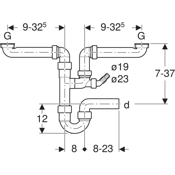 Keramag Geberit P-trap For Two Offset Kitchen Sinks With Angled Hose Connector Horizontal Outlet