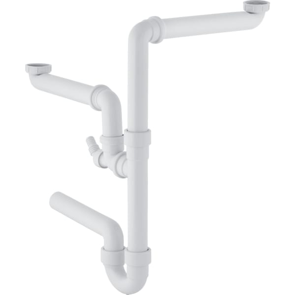 keramag Geberit P-trap for two offset kitchen sinks with angled hose connector horizontal outlet