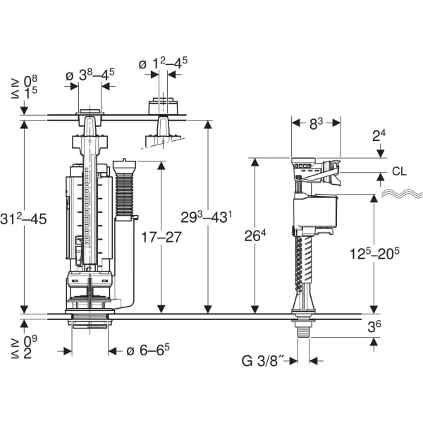 Keramag Geberit Type 290-323 Mechanism Dual Flush Bottom Water Supply Connection 3/8" Nipple Made Of Brass