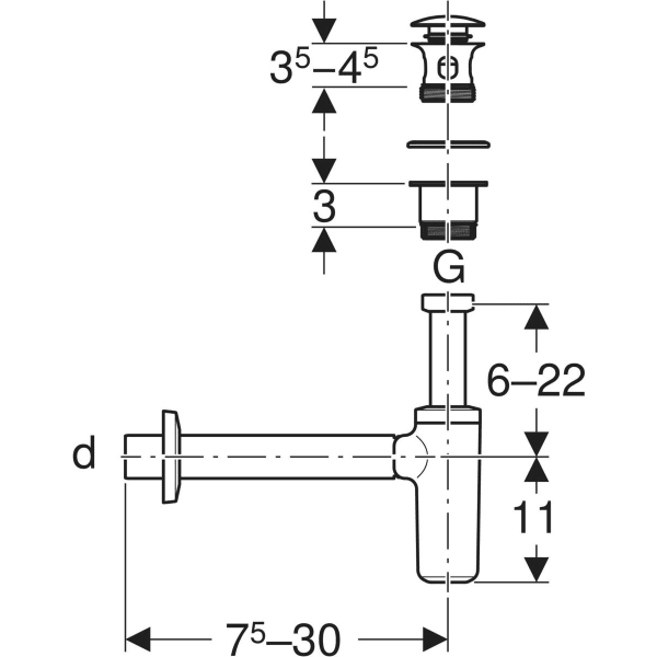 Keramag Geberit Washbasin Drain With Trap External Waste Plug With Push Actuation Horizontal Outlet