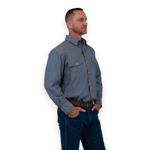 Key Apparel Chambray Long Sleeve Western Shirt Blue Chambray