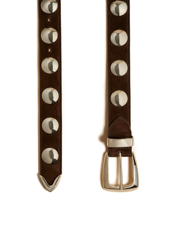 Khaite Benny Belt With Studs Coffee Suede And Silver