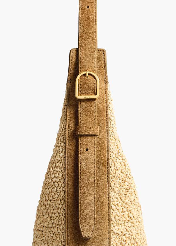 Khaite Small Augustina Crossbody Bag Wheat Suede And Natural Raffia