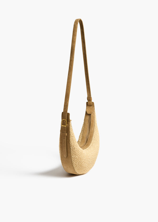khaite Small Augustina Crossbody Bag Wheat Suede and Natural Raffia