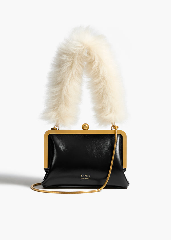 khaite Small Lilith Evening Bag Black Crackle Patent Leather with Detachable Shearling Handle