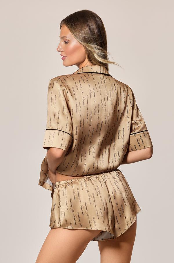 Kiki De Montparnasse Fucking Beautiful Silk Lounge Short Sleeve Pj Top Sable / Black