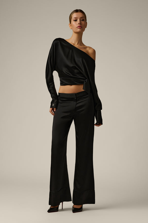 Kiki De Montparnasse Off Shoulder Monogramed Silk Top Black