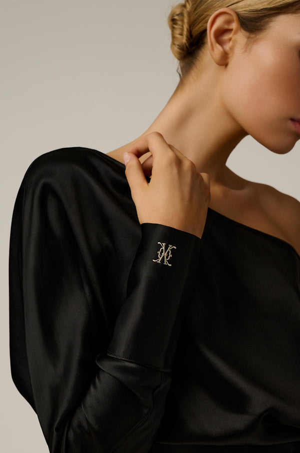 Kiki De Montparnasse Off Shoulder Monogramed Silk Top Black